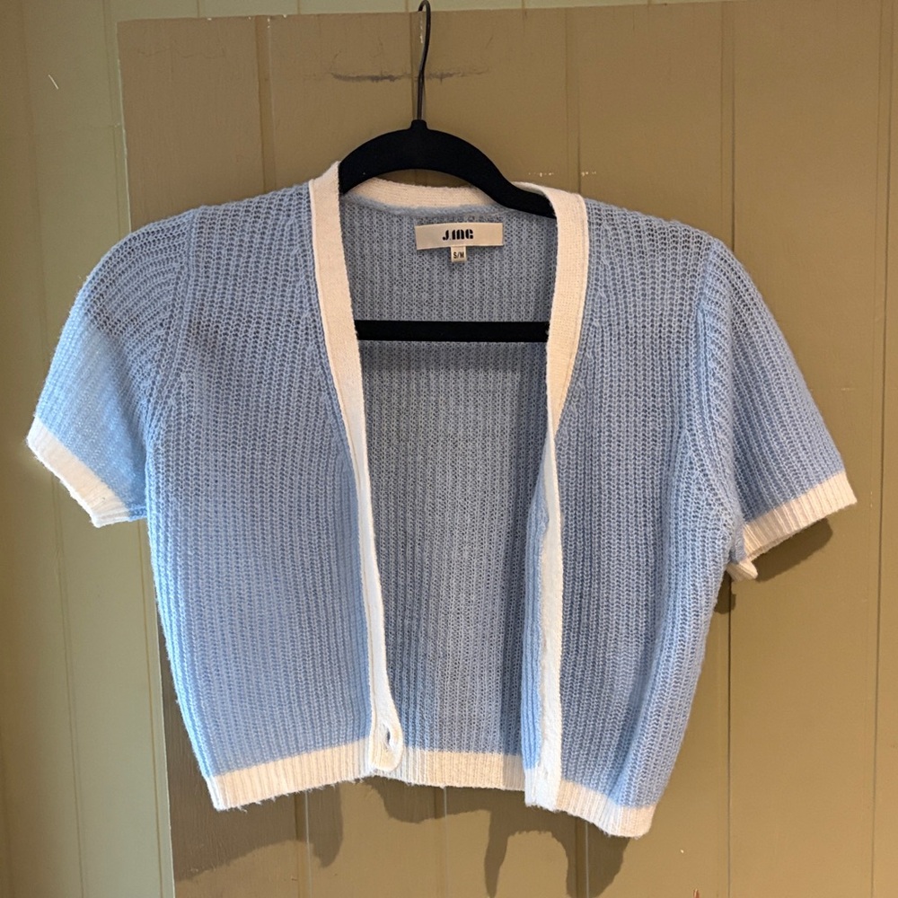 J. Ing Light Blue Cropped Knit Cardigan with White Trim